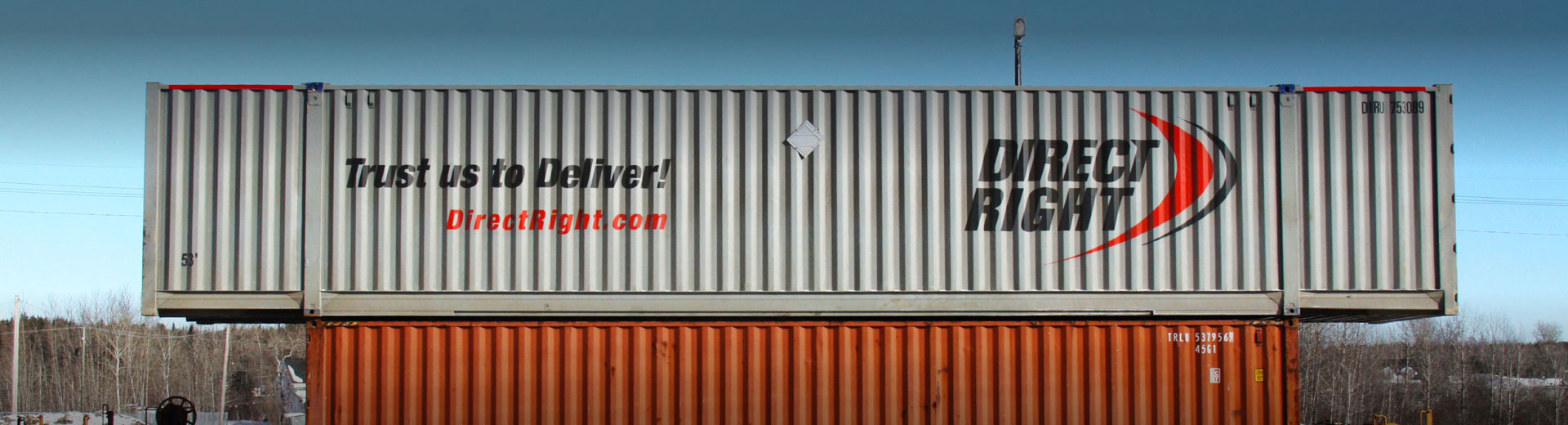 53' Direct Right branded intermodal containers on rail car in Canada