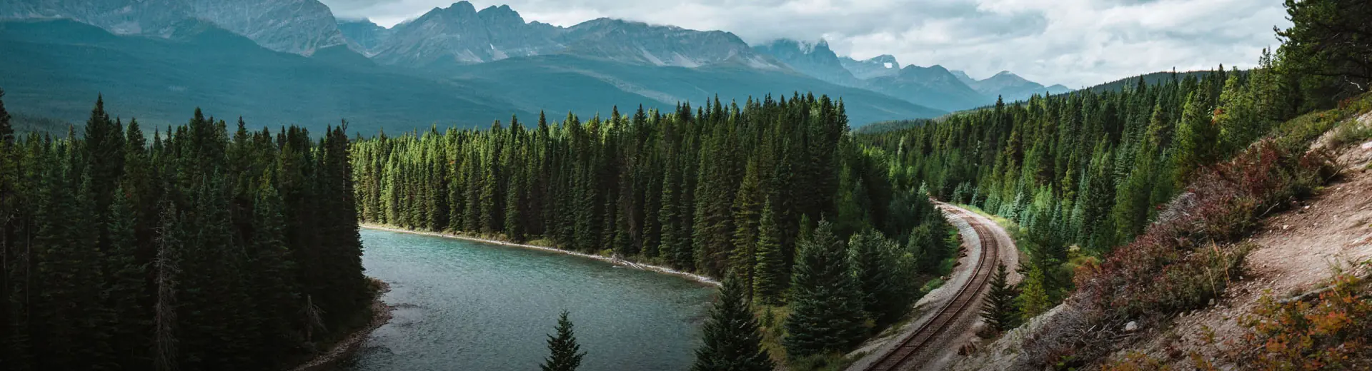 Intermodal rail train track in Banff National Park Canada